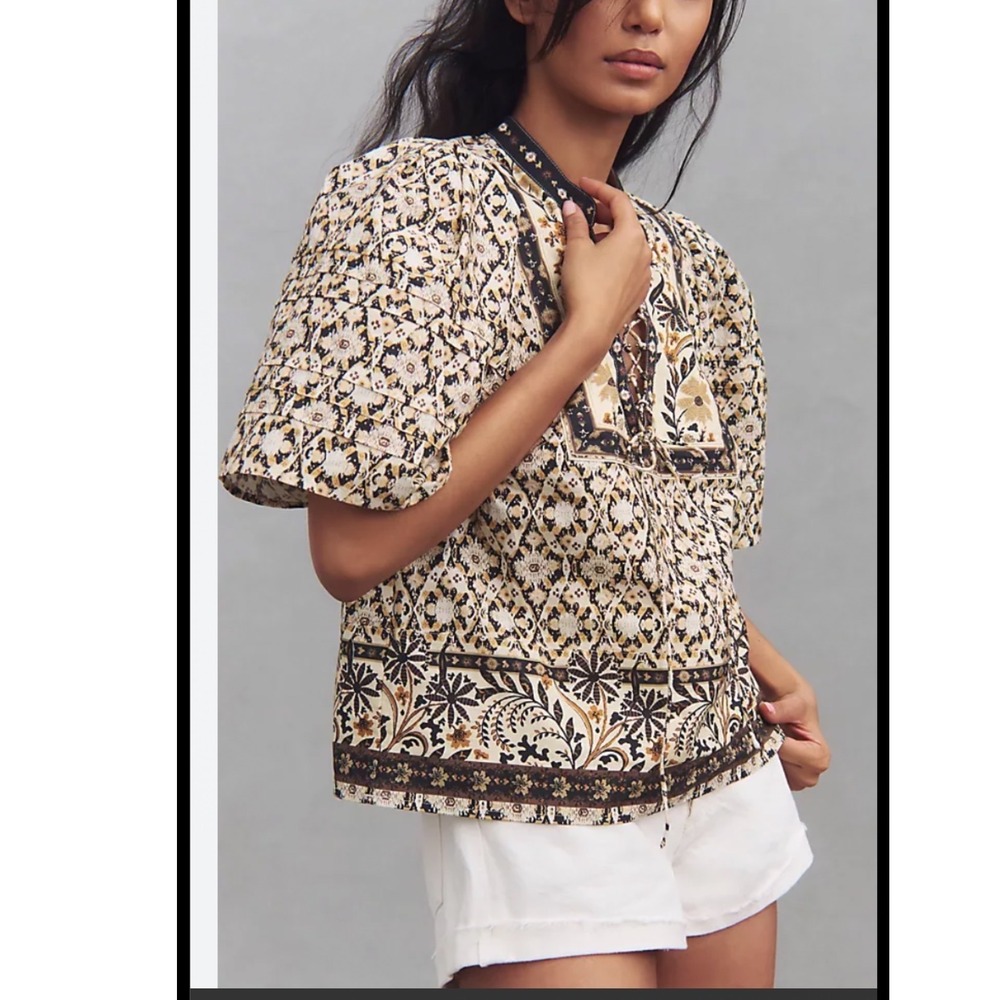 Anthropologie Pleated Puff Sleeve Blouse Small Boho cottage core croquette